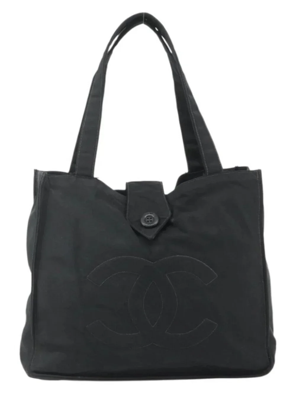 CHANEL Hand Bag Nylon Black Silver CC Auth 175119